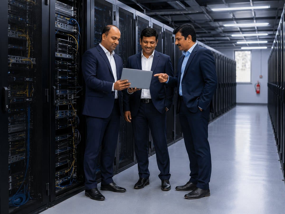 Omnisys engineers reviewing a deployment in a data center aisle